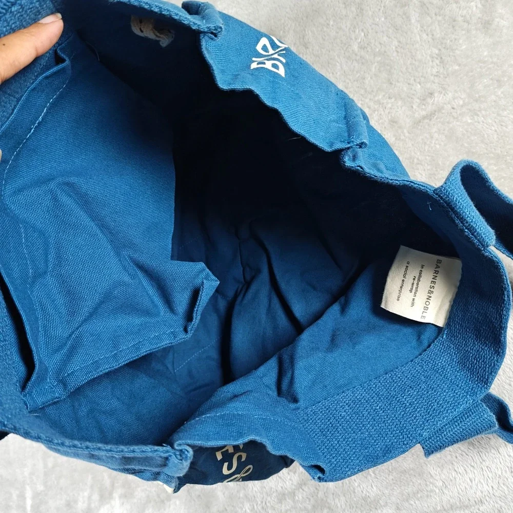 Barnes Noble Tote Bag Medium Blue Organic Cotton Book Print Library Fair Trade